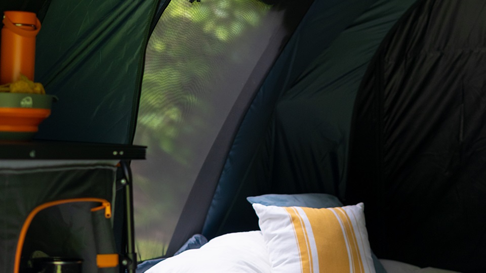 Kiwi Camping Kea 6 Blackout recreational tent with open window and the bug-proof mesh zipped down. Captured at Blue Lakes Top 10 Campsite, Rotorua.